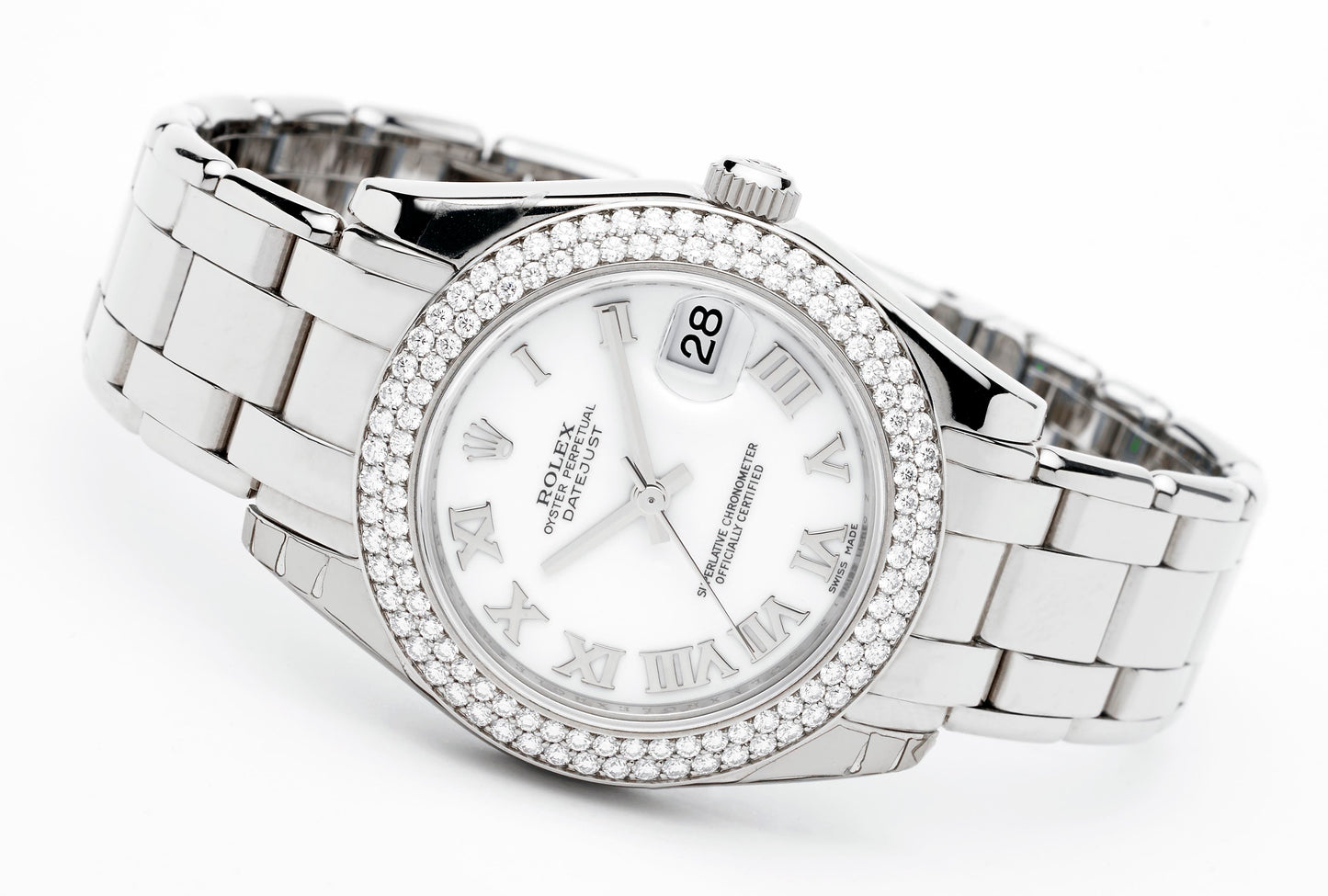 ROLEX DATEJUST PEARLMASTER 34 WHITE GOLD DIAMOND /WHITE ROMAN