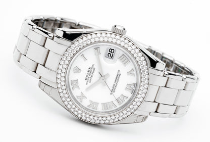 ROLEX DATEJUST PEARLMASTER 34 WHITE GOLD DIAMOND /WHITE ROMAN