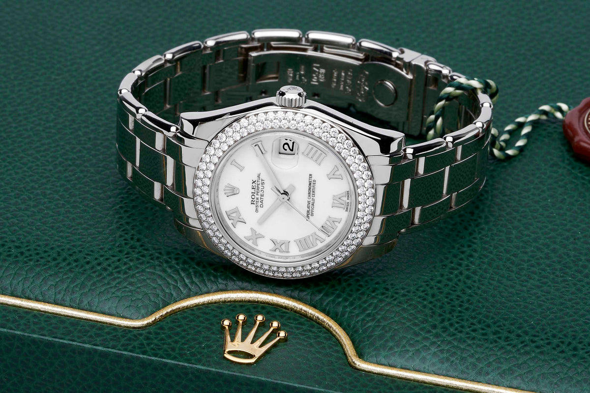 ROLEX DATEJUST PEARLMASTER 34 WHITE GOLD DIAMOND /WHITE ROMAN
