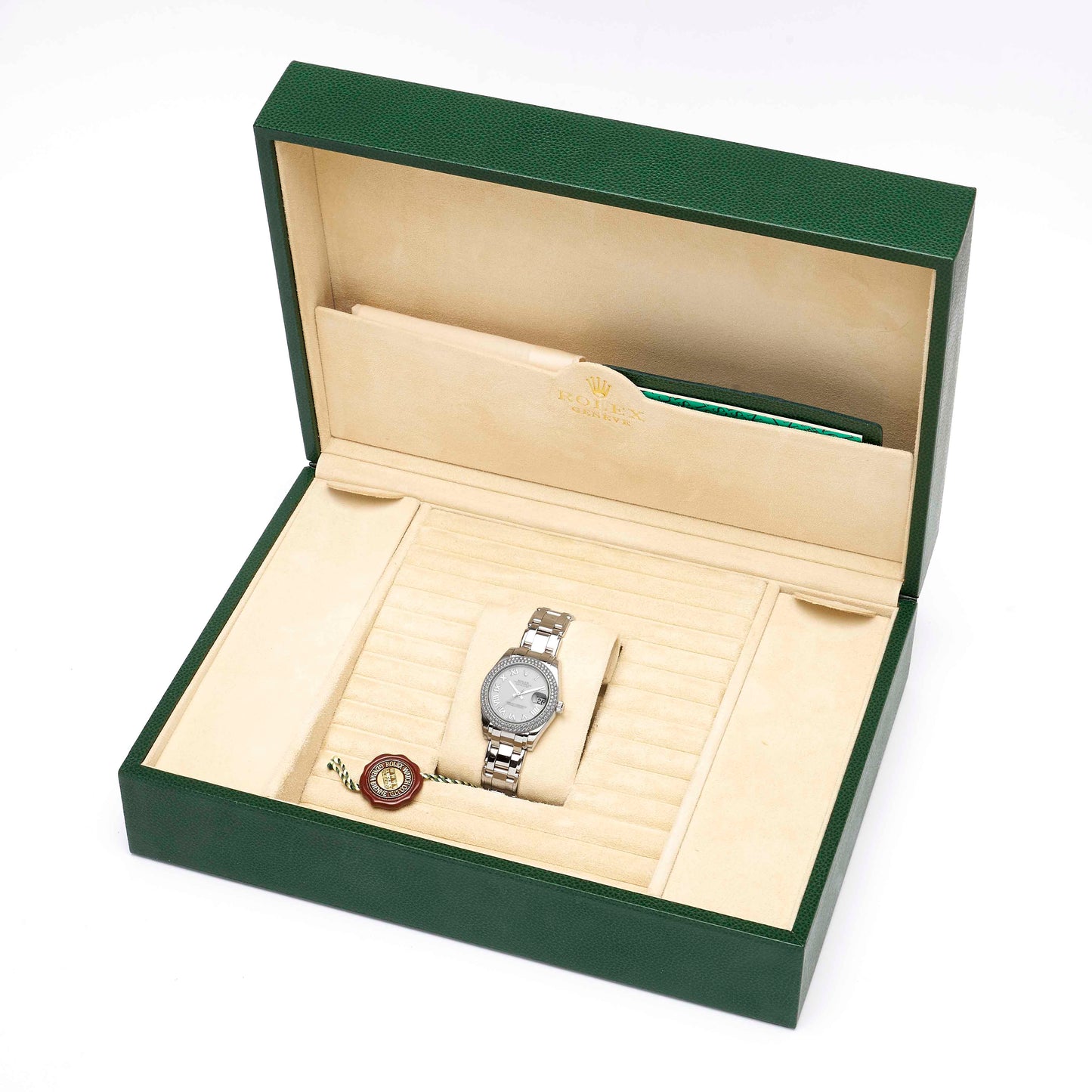 ROLEX DATEJUST PEARLMASTER 34 WHITE GOLD DIAMOND /WHITE ROMAN