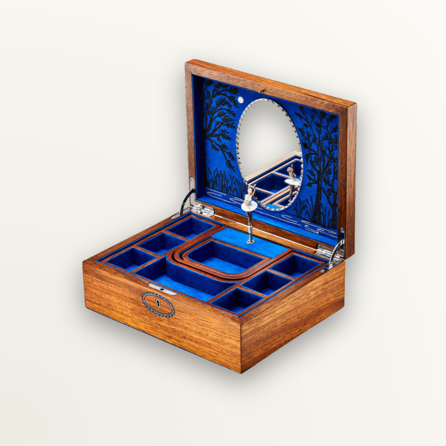 WOLF BALLET MUSICAL JEWELLERY BOX - SWAN LAKE WALNUT WOOD