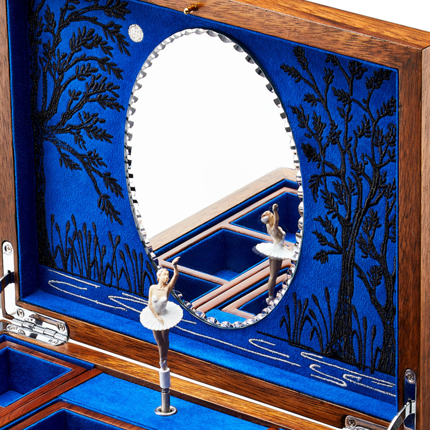 WOLF BALLET MUSICAL JEWELLERY BOX - SWAN LAKE WALNUT WOOD